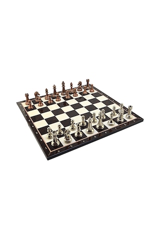 Gifthome Metal Klasik Satranç Takımı Antik Ve Katlanır Ceviz Desenli Mdf Satranç Tahtası 43x43 Cm.