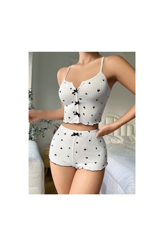Lily Bianca Nightwear Göbek Dekolteli Şortlu Penye Gecelik Beyaz