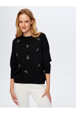 Faik Sönmez Boncuk Nakış Detaylı Uzun Kollu Kadın Triko Bluz W26trb018 Siyah