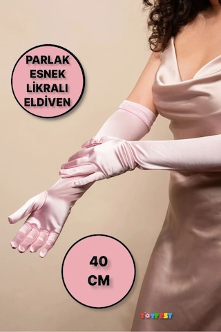 Uzun Boy Parlak Esnek Likralı Eldiven 40 Cm - 1 Çift- Pembe Çok Renkli