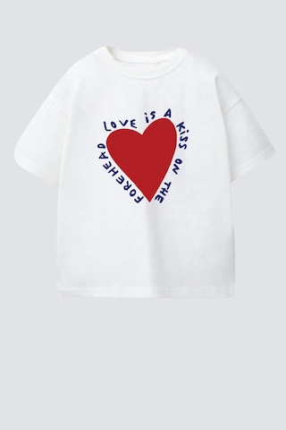Monila Kız Çocuk Kalp Baskılı Pamuklu T-shirt Ekru