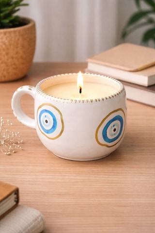 El Yapımı Fincan Mum - Vanilya Aromalı Mumluk 7.5x8 Cm Cogo Ceramic Açık Gri