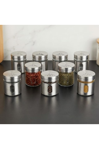 12'li Metal Kaplı Cam Baharatlık Seti 60 Ml - Döner Başlıklı Paslanmaz Çelik Baharat Takımı Çok Renkli