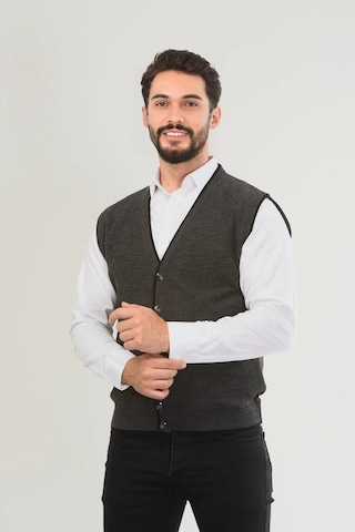 Kamalı Gri Erkek V Yaka Triko Düğmeli Cepli Çizgi Desenli Regular Fit Tüylenmeyen Örgü Yelek Gri