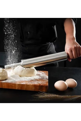 Paslanmaz Çelik Merdane - Ergonomik Döner Saplı Hamur Açma Rulosu Mutfak Şef Yardımcısı