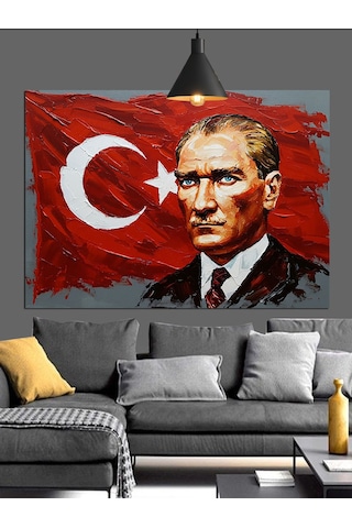 Türk Bayrağı Önünde Atatürk Dekoratif Kanvas - Mdf Ahşap Tablo