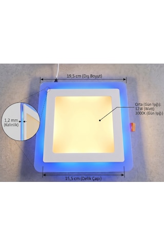 Kare Sıva Altı Led Spot Aydınlatma 16 Watt Çift Renk 3 Kademe Mavi Günışığı Gece Lambası Armatür