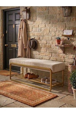 Line Modern Bench Puf Gold Metal 120 Cm - Antre, Giriş Holü, Ofis İçin Şık Dekoratif Bench Cappuccino