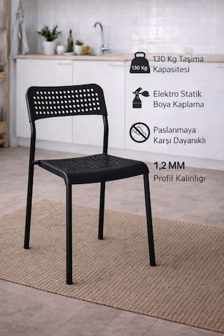 3'lü Mari Siyah Mutfak Sandalyesi Ve Balkon Sandalyesi Plastik Oturma Alanlı, Metal Ayaklı, Bahçe