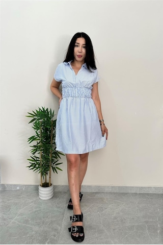 Simli Moda V Yaka Beli Lastikli Mavi Elbise Mavi