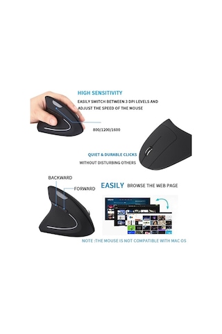 Prestigegoods Çift Taraflı Kablosuz Ergonomik Sol El Oyun Farei, Usb Şarjlı, 800/1200/1600 Dpı, Geniş Uyumlu Gaming