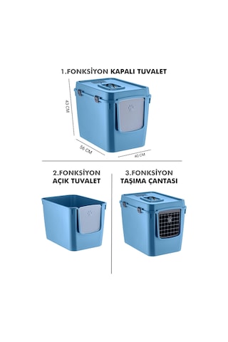 Pribor Hz-500 Xxl 3 Fonksiyonlu Açık / Kapalı Kedi Tuvaleti Ve Taşıma Çantası Mavi 56 X 40 X 43 Cm