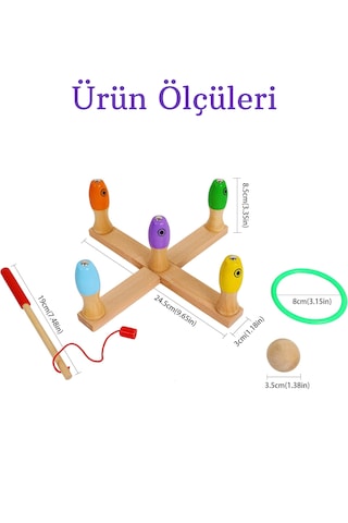 Ahşap Balık Tutma Oyunu 3 Ü 1 Arada Ahşap Oyun Seti Balık Tutma Halka Atma Bowling Eğitici Oyuncak