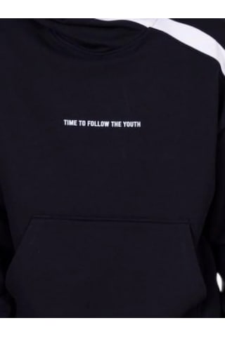 Çocuk 2 İplik Kumaş Pamuklu Sırtı Yazı Detaylı Kapüşonlu Tasarım Sweatshirt-13541 Siyah