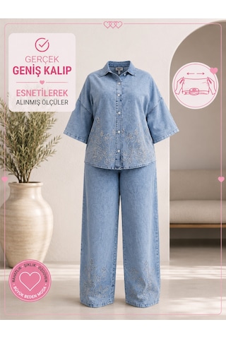 Büyük Beden Yakalı Düğmeli Kapri Kol Çiçek Desenli Bol Paça Denim Kadın İkili Takım Mavi