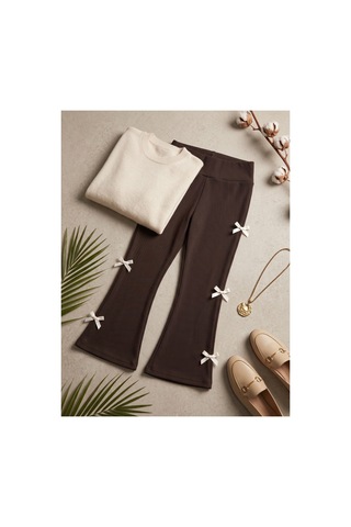 Deniva Kids Kız Çocuk Oysho Kumaş Kahverengi Kurdele Detaylı İspanyol Paça Pantolon - Kahverengi 5-6 Yaş