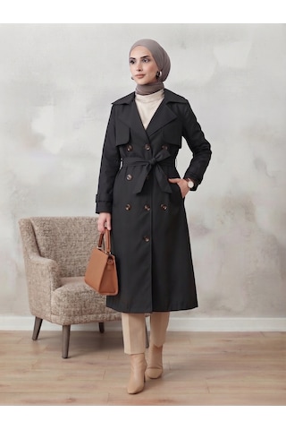 B.he.z Kruvaze Yaka Bondik Su İtici Kumaş Astarlı Trend Model Diz Altı Trençkot Siyah