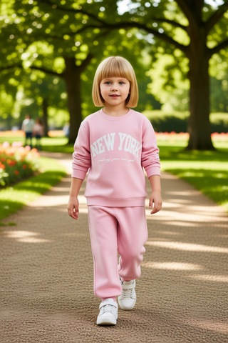 Frm Kız Çocuk Pamuklu New York Baskılı Örme Sweatshirt Ve Eşofman Alt Pembe