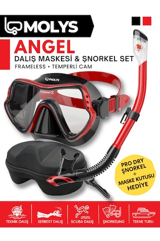 Molys Angel Dalış Maskesi + Antı Fog Buğu Önleyici Film + Pro Full Dry Tam Kuru Şnorkel + Maske Koruma Kutusu Set Halinde Siyah - Kırmızı