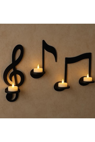 Cajuart Siyah Ahşap Notalar 3 Parça Led Mumlu Duvar Dekoru Dekoratif Tablo