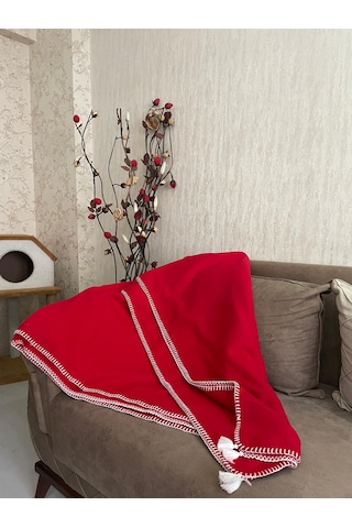 Püsküllü Çoban Dikişli Tek Kişilik Polar Battaniye 150x180 Cm Kırmızı