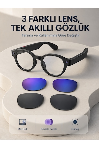 Siyah Akıllı Kamera Gözlüğü Fotoğraf Video Çekimli Yapay Zeka Destekli Bluetooth Çoklu Dil Çeviri 3 Lensli
