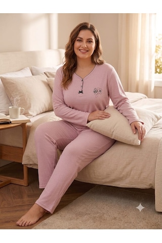 Büyük Beden Uzun Kol Pamuklu Likralı İnterlok Kumaş Pijama Takımı 8739 Pembe