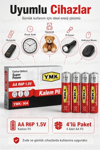 Ymk Aa R6p 1.5v Karbon Kalem Pil 4'lü Paket Kumanda, Saat, Oyuncak Ve El Feneri İçin Ekonomik Pil
