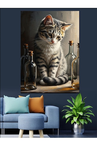Ahşap Tablo Kitap Rafları Arasında Kedi Portresi