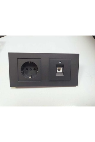 Füme Topraklı Priz + Nümeris Telefon Prizi + 2li Çerçeve