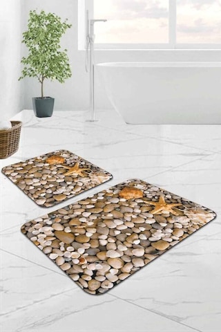 Bej Deniz Kabuklu Banyo Halısı Klozet 2'li Paspas Seti Bs214n11