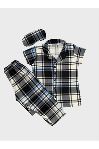 Aliş Kids Erkek Çocuk Pamuklu Gri Ekose Desenli Kısa Kollu Gömlek Yaka Düğmeli Yazlık Pijama Takımı