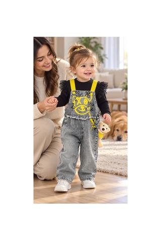 Messlife Sarı Askılı Gri Denim Salopet Ve Tül Detaylı Kız Çocuk Takımı Gri - 929241594 Gri
