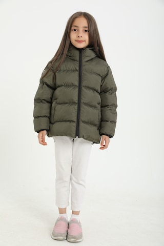 Kız Çocuk Haki İçi Polarlı Kapüşonlu Su Geçirmez Rüzgara Dayanıklı Cepli Şişme Kışlık Mont Haki
