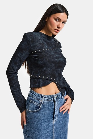 Itsbasic Kadın Siyah Antrasit W5 Asimetrik Kesim Drop Detaylı Özel Tasarım Crop Top