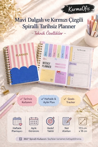 Mavi Dalgalı Kırmızı Çizgili Spiralli Tarihsiz Planner Haftalık&aylık Planlayıcı 17,5 X 18 Cm Diğer
