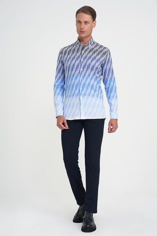 Comfort Fit Pano Desen Düğme Yaka %100 Keten Mavi Gömlek G 1594 Mavi