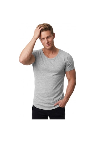 Deepsea Erkek Gri Geniş Yaka Likralı Tişört Oval Yaka Slim Fit Eteği Oval Açık Yaka T-shirt 1801199 Gri