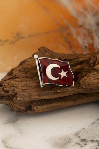Mineli Türk Bayrağı Gümüş Rozet -5874 Gümüş