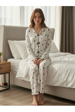 Kadın Kalp Desenli Kurdele Detaylı 2'li Pijama Takım Siyah