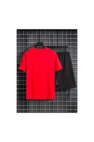 Medinenur Zar Baskılı T-shirt Short Bol Paça Rahat Kalıp Siyah Alt Siyah Üst Short Takım Kırmızı
