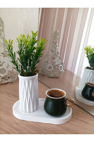 Mini Desenli Beton Saksı Tekli Ve Oval Tabak - Yapay Çiçek Hediyeli - Yeşil
