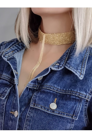Eva Takı Store 15 Sıralı Zincir Dokuma Sallantılı Vücut Tasma Choker Gold El Yapımı Kolye Gold