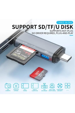 Usb Otg Kart Okuyucu Type-c To Usb Uçlu Pc Bilgisayar Ve Notebook Uyumlu Mikro Sd Kart Okuyucu Usb A To Usb Cads-307 3