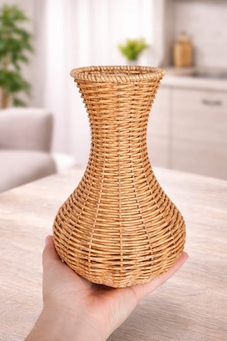 El Yapımı Hasır Vazo Doğal Rattan Dekoratif Saksı Bohem & Modern Ev Dekoru 23 Cm Açık Kahve