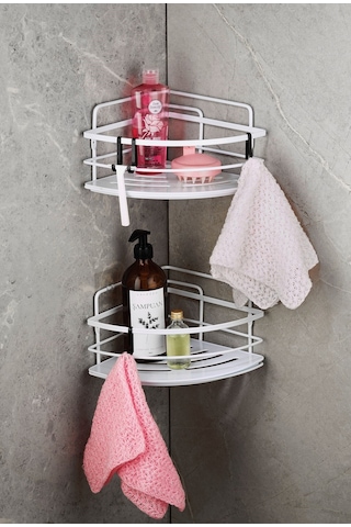 2’li Kancalı Yapışkanlı Banyo Duş Köşe Rafı – Ayarlanabilir Kristal Raf (Yapıştır/Vidala) Beyaz-Beyaz - LK-01 - BB