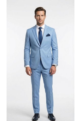 Erkek 3 Parça Slim Fit Takım Elbise Klasik Likralı Kumaş, Tek Düğme, Çift Yırtmaçlı Modern Kesim Ceket Yelek Pantolon Mavi