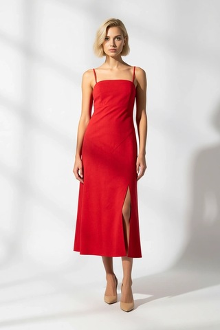 Benerly Kadın A Kesim Maxi Elbise V Yaka İnce Askılı Pamuk Keten Karışıml Kırmızı