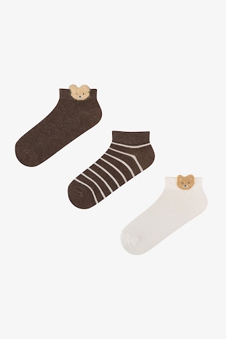 Penti Beyaz Kahve Cute Teddy Bear Pamuklu 3 Çift Patik Çorap Beyaz - Kahve
