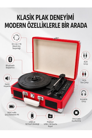 Şarj Edilebilir Taşınabilir Pikap 1800 Mah Dahili Pil Bluetooth Ve Çoklu Bağlantı Seçenekli Diğer